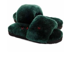 UGG FLUFF SLIDE SLIPPERS DARK GREEN