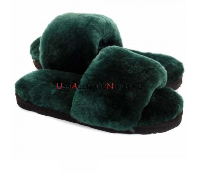 UGG FLUFF SLIDE SLIPPERS DARK GREEN